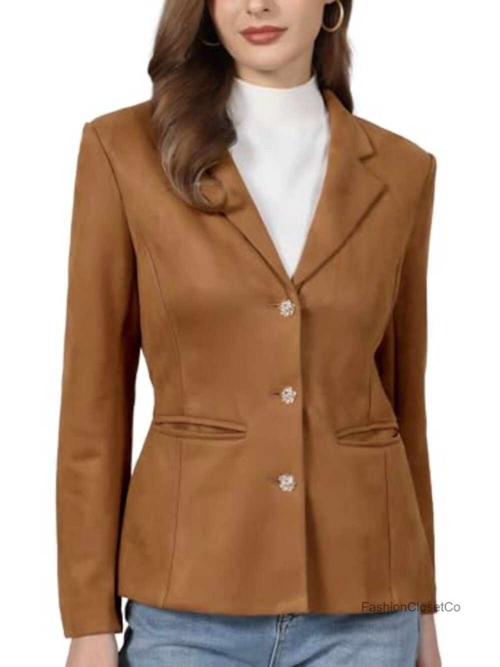 Faux Suede Notch Lapel Blazer Long Sleeve Button Down